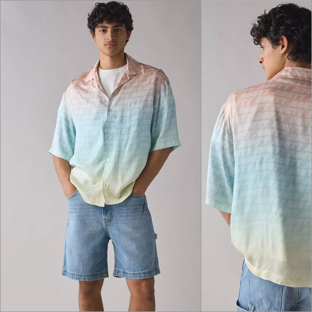 MOUTY Axel Rainbow Ombre Shirt Mens Viscose Satin Camp Collar Button Up Large